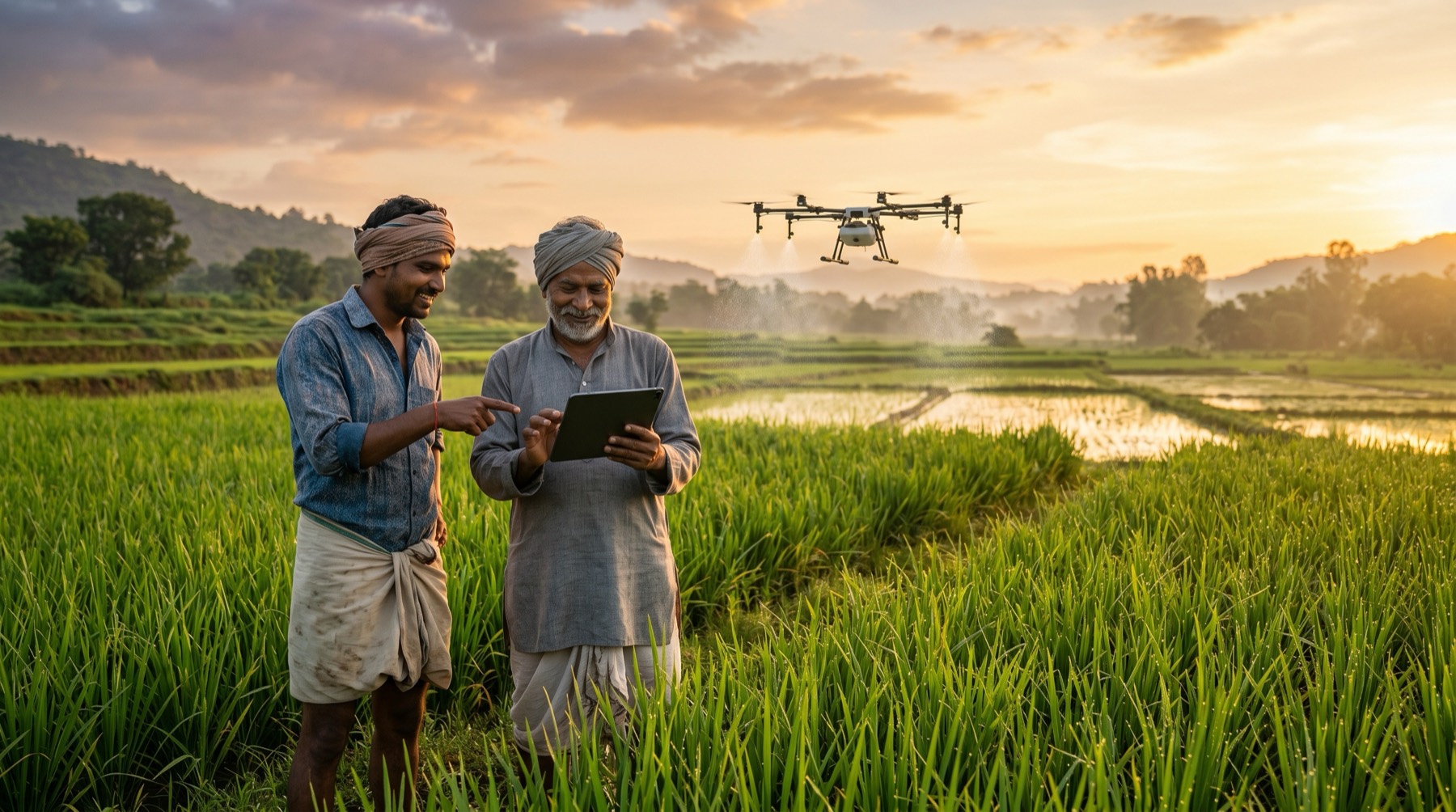 Two farmers using a tablet to fly an agricultural drone over a rice field