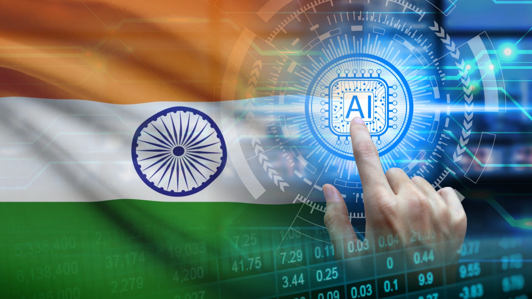 A hand touching an AI chip interface beside the Indian flag