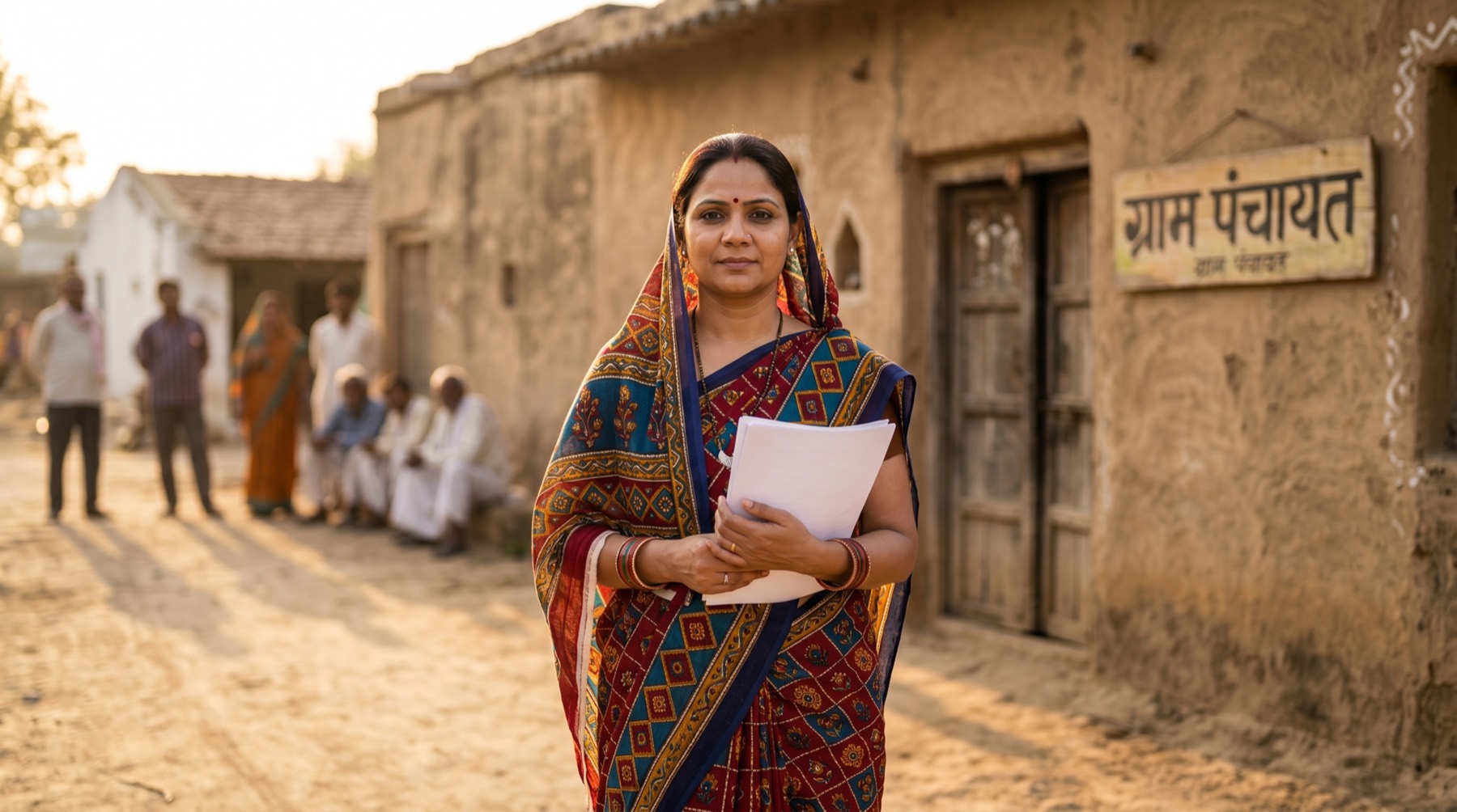 A woman community leader holding documents in her village