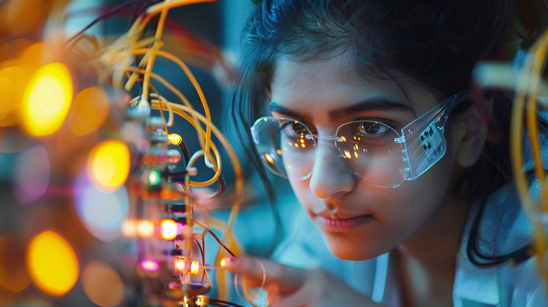 A young Indian woman in safety glasses working on an electronics circuit
