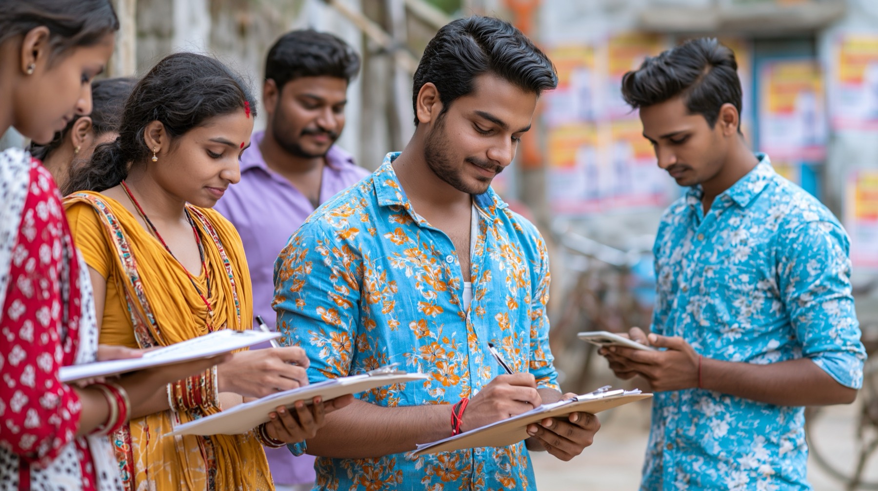 Young Indians signing up with clipboards
